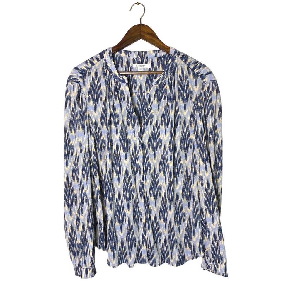 CHICO'S Size 3 US 16 Blue Artsy Print Long Sleeve Button Up Career Top Office